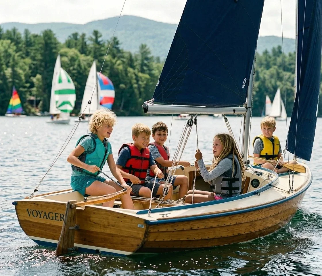 Obozy żeglarskie dla dzieci - dzieci na łódce żaglowej