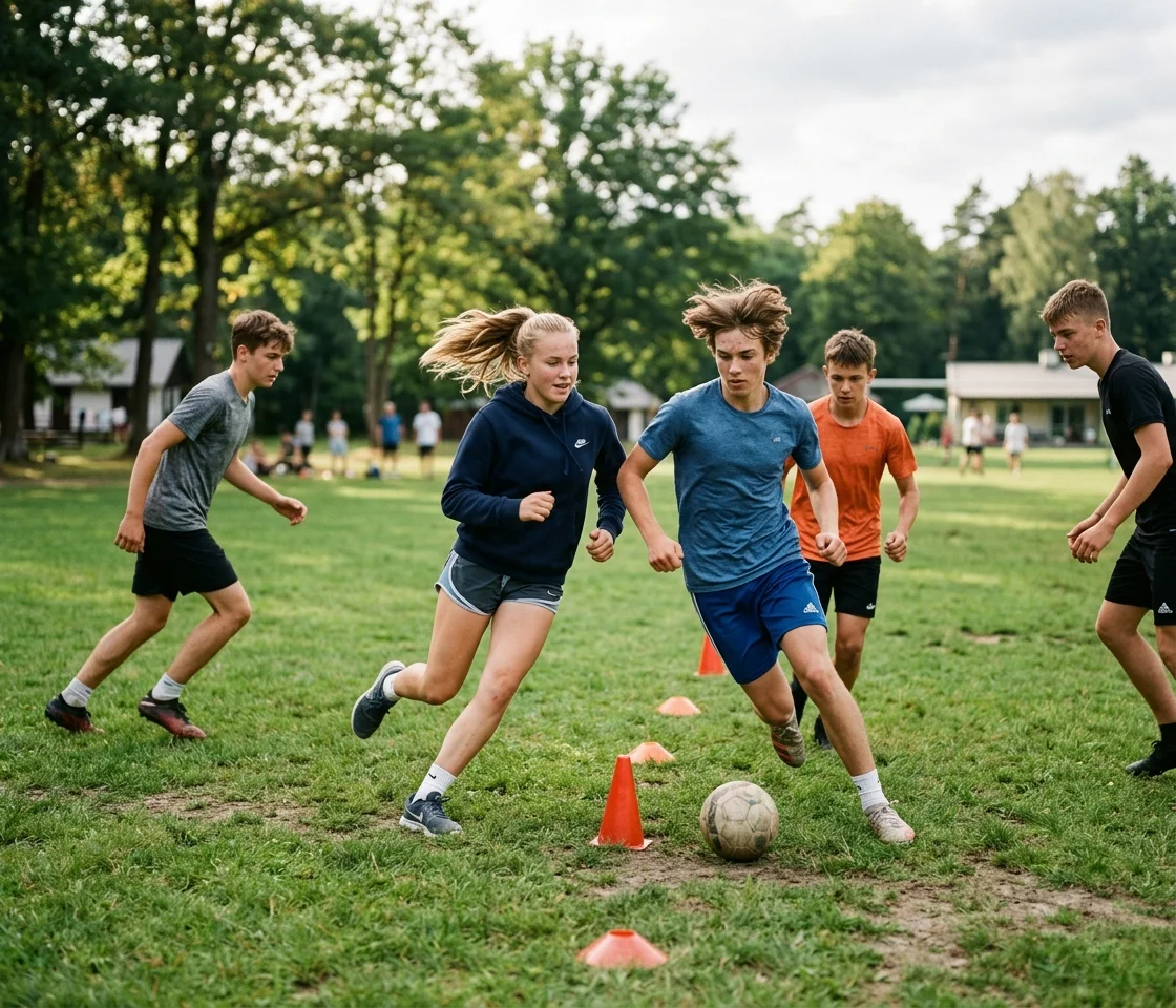Obozy sportowe dla dzieci - trening piłki nożnej na letnim obozie