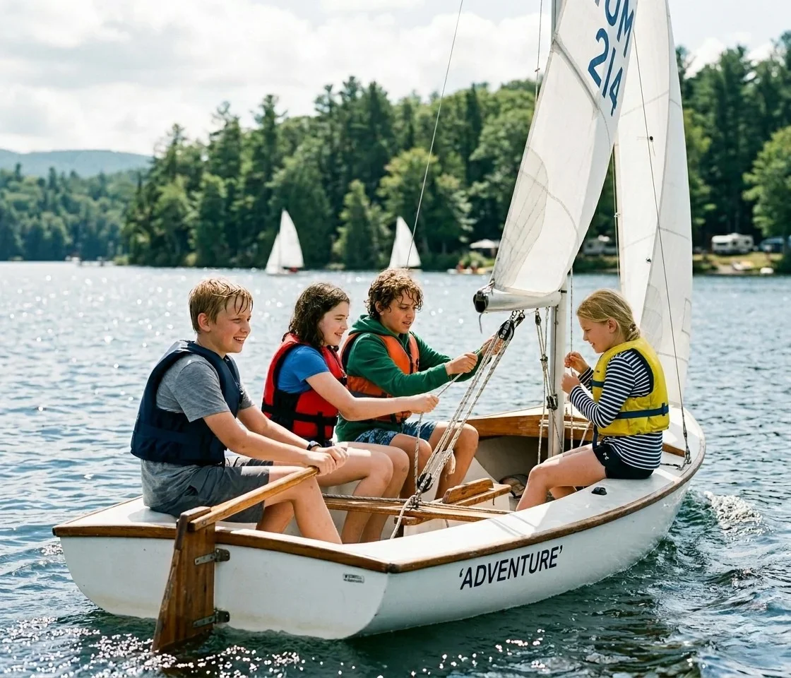 Obozy żeglarskie dla młodzieży na Mazurach - jacht na jeziorze